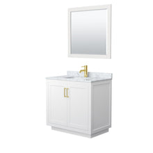 Load image into Gallery viewer, Wyndham Collection Vanity Wyndham Collection WCF292936SWGCMUNSM34 Miranda 36 Inch Single Bathroom Vanity in White, White Carrara Marble Countertop, Undermount Square Sink, Brushed Gold Trim, 34 Inch Mirror