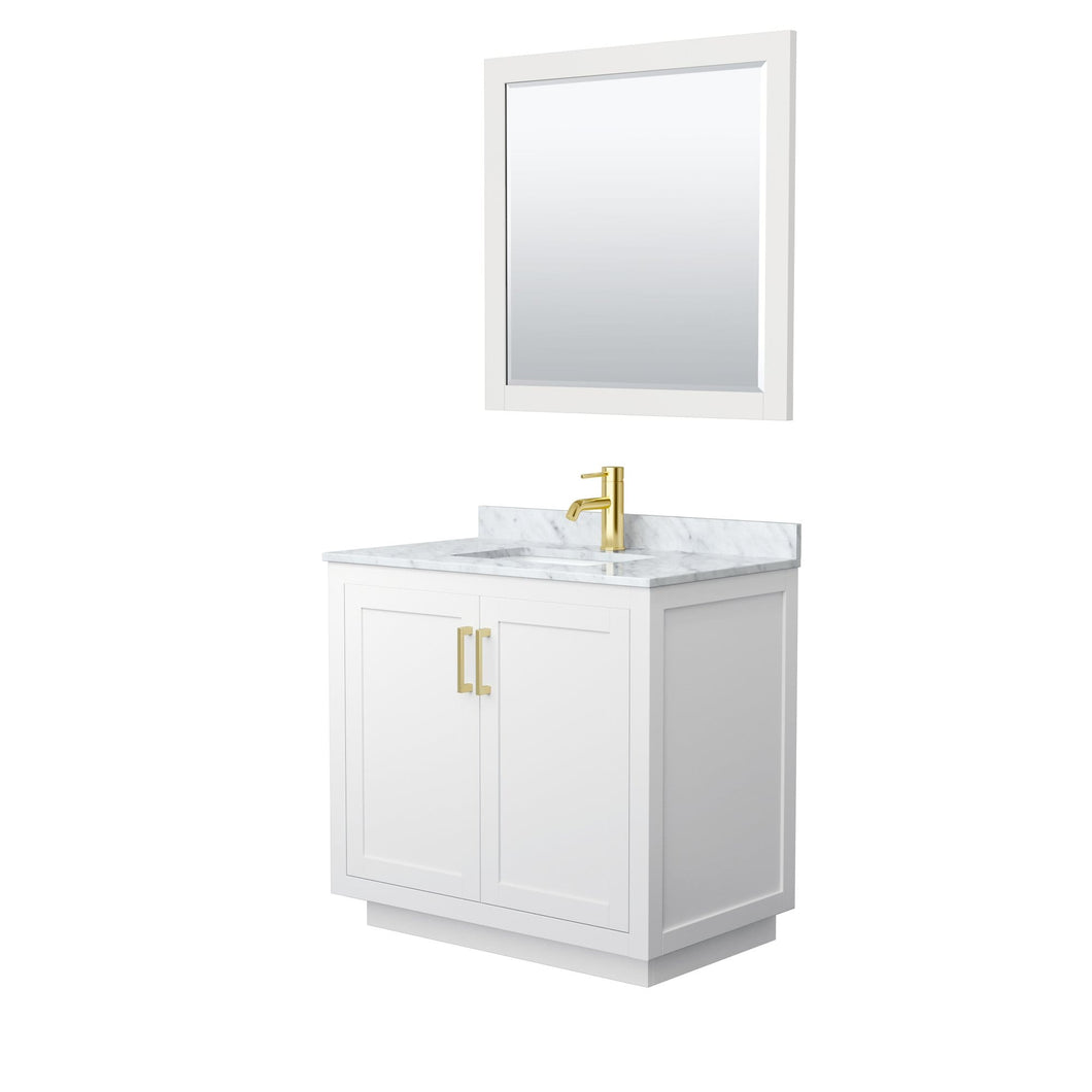 Wyndham Collection Vanity Wyndham Collection WCF292936SWGCMUNSM34 Miranda 36 Inch Single Bathroom Vanity in White, White Carrara Marble Countertop, Undermount Square Sink, Brushed Gold Trim, 34 Inch Mirror