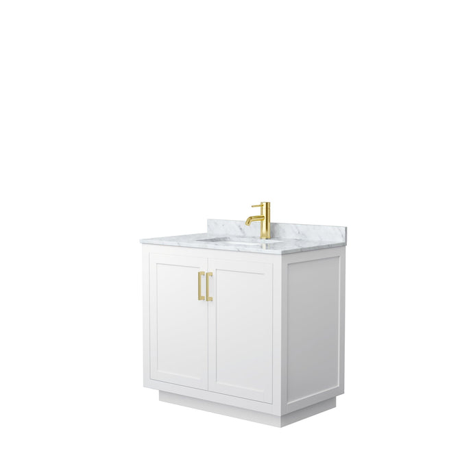 Wyndham Collection Vanity Wyndham Collection WCF292936SWGCMUNSMXX Miranda 36 Inch Single Bathroom Vanity in White, White Carrara Marble Countertop, Undermount Square Sink, Brushed Gold Trim