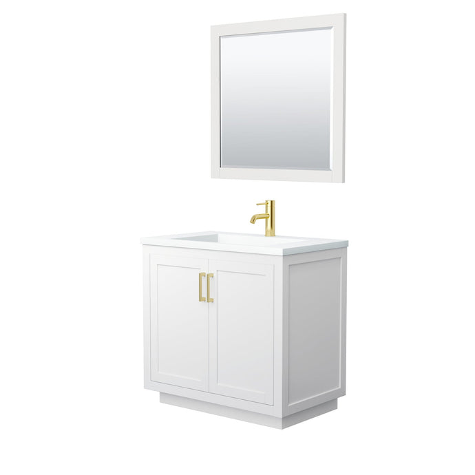 Wyndham Collection Vanity Wyndham Collection WCF292936SWGK1INTM34 Miranda 36 Inch Single Bathroom Vanity in White, 1.25 Inch Thick Matte White Solid Surface Countertop, Integrated Sink, Brushed Gold Trim, 34 Inch Mirror