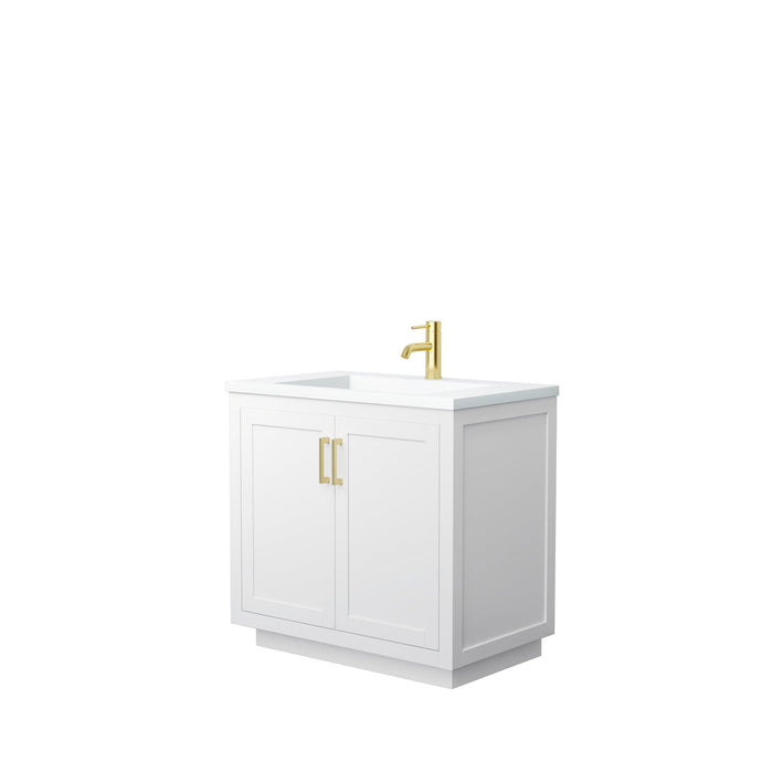 Wyndham Collection WCF292936SWGK1INTMXX Miranda 36 Inch Single Bathroom Vanity in White, 1.25 Inch Thick Matte White Solid Surface Countertop, Integrated Sink, Brushed Gold Trim