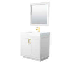 Load image into Gallery viewer, Wyndham Collection Vanity Wyndham Collection WCF292936SWGK4INTM34 Miranda 36 Inch Single Bathroom Vanity in White, 4 Inch Thick Matte White Solid Surface Countertop, Integrated Sink, Brushed Gold Trim, 34 Inch Mirror