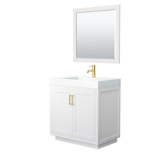 Wyndham Collection Vanity Wyndham Collection WCF292936SWGK4INTM34 Miranda 36 Inch Single Bathroom Vanity in White, 4 Inch Thick Matte White Solid Surface Countertop, Integrated Sink, Brushed Gold Trim, 34 Inch Mirror