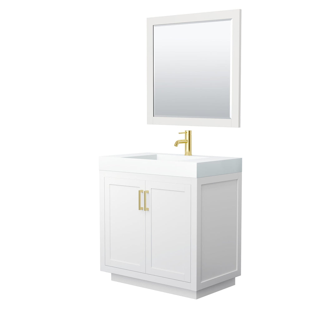 Wyndham Collection Vanity Wyndham Collection WCF292936SWGK4INTM34 Miranda 36 Inch Single Bathroom Vanity in White, 4 Inch Thick Matte White Solid Surface Countertop, Integrated Sink, Brushed Gold Trim, 34 Inch Mirror
