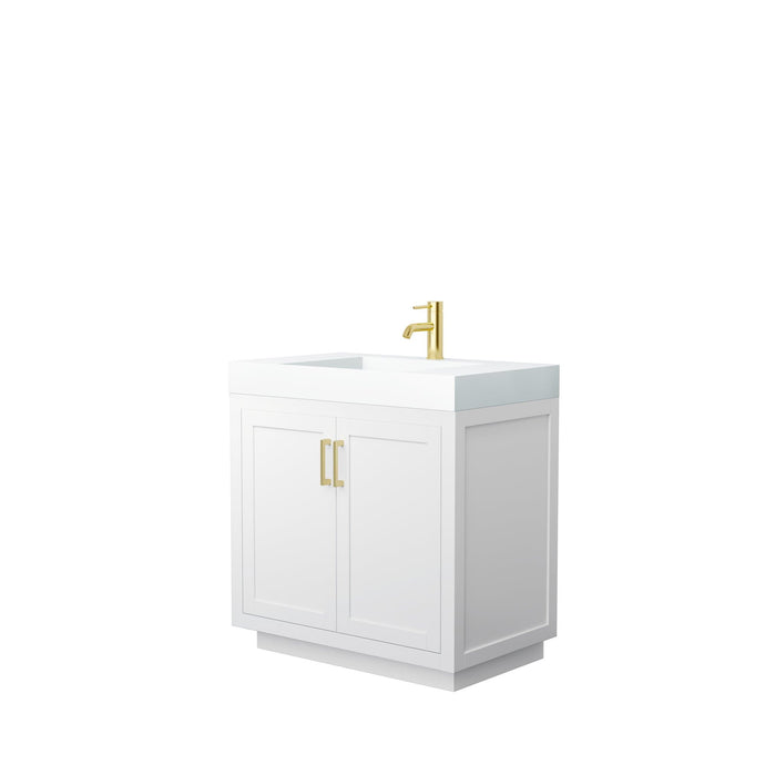 Wyndham Collection Vanity Wyndham Collection WCF292936SWGK4INTMXX Miranda 36 Inch Single Bathroom Vanity in White, 4 Inch Thick Matte White Solid Surface Countertop, Integrated Sink, Brushed Gold Trim