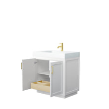 Load image into Gallery viewer, Wyndham Collection Vanity Wyndham Collection WCF292936SWGK4INTMXX Miranda 36 Inch Single Bathroom Vanity in White, 4 Inch Thick Matte White Solid Surface Countertop, Integrated Sink, Brushed Gold Trim