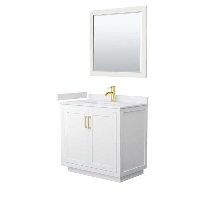 Wyndham Collection Vanity Wyndham Collection WCF292936SWGWCUNSM34 Miranda 36 Inch Single Bathroom Vanity in White, White Cultured Marble Countertop, Undermount Square Sink, Brushed Gold Trim, 34 Inch Mirror