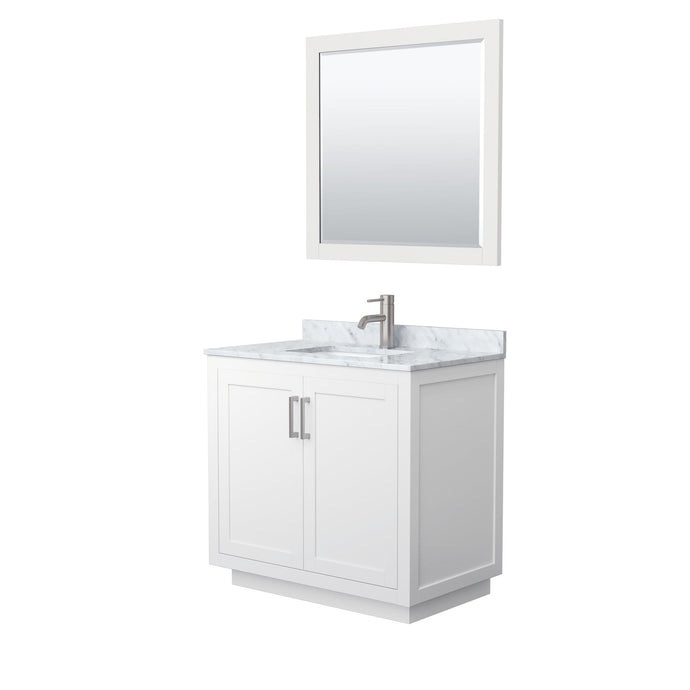 Wyndham Collection Vanity Wyndham Collection WCF292936SWHCMUNSM34 Miranda 36 Inch Single Bathroom Vanity in White, White Carrara Marble Countertop, Undermount Square Sink, Brushed Nickel Trim, 34 Inch Mirror
