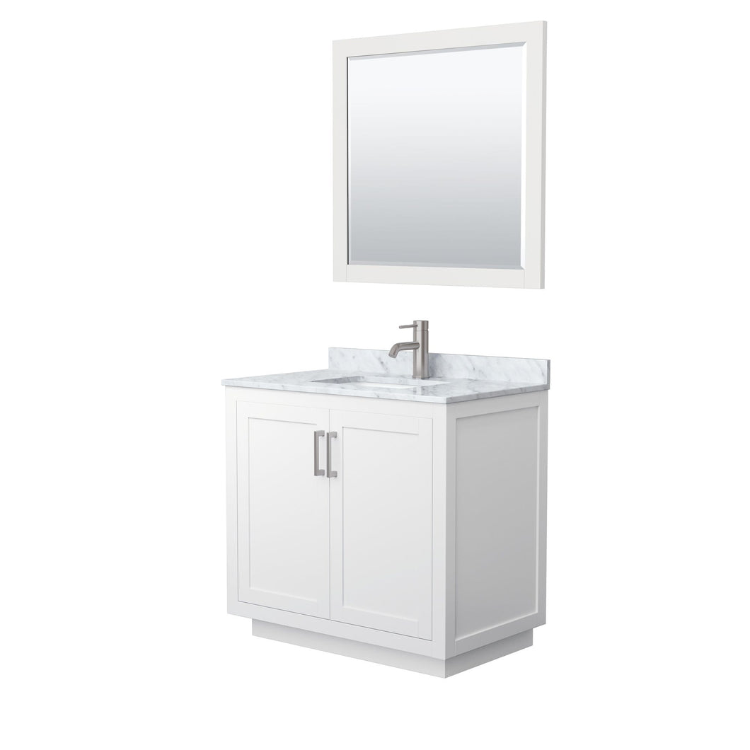 Wyndham Collection Vanity Wyndham Collection WCF292936SWHCMUNSM34 Miranda 36 Inch Single Bathroom Vanity in White, White Carrara Marble Countertop, Undermount Square Sink, Brushed Nickel Trim, 34 Inch Mirror