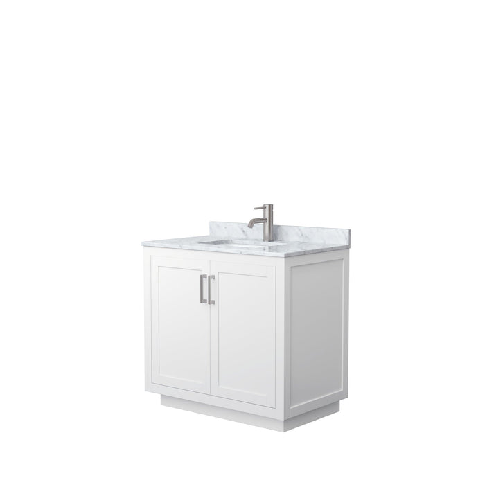 Wyndham Collection Vanity Wyndham Collection WCF292936SWHCMUNSMXX Miranda 36 Inch Single Bathroom Vanity in White, White Carrara Marble Countertop, Undermount Square Sink, Brushed Nickel Trim