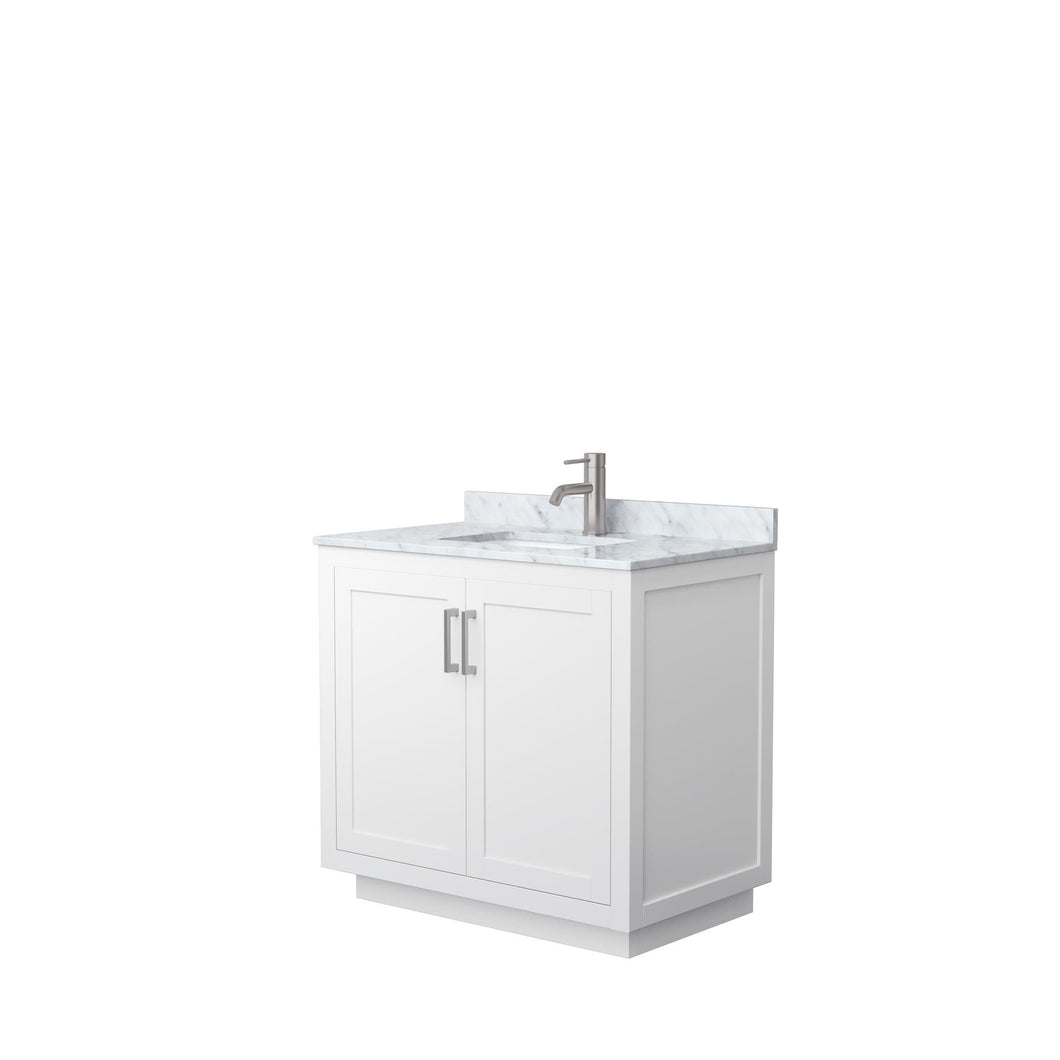 Wyndham Collection Vanity Wyndham Collection WCF292936SWHCMUNSMXX Miranda 36 Inch Single Bathroom Vanity in White, White Carrara Marble Countertop, Undermount Square Sink, Brushed Nickel Trim