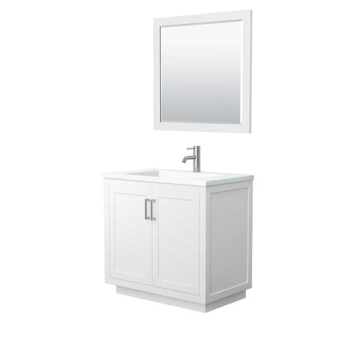 Wyndham Collection Vanity Wyndham Collection WCF292936SWHK1INTM34 Miranda 36 Inch Single Bathroom Vanity in White, 1.25 Inch Thick Matte White Solid Surface Countertop, Integrated Sink, Brushed Nickel Trim, 34 Inch Mirror