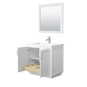 Wyndham Collection Vanity Wyndham Collection WCF292936SWHK1INTM34 Miranda 36 Inch Single Bathroom Vanity in White, 1.25 Inch Thick Matte White Solid Surface Countertop, Integrated Sink, Brushed Nickel Trim, 34 Inch Mirror