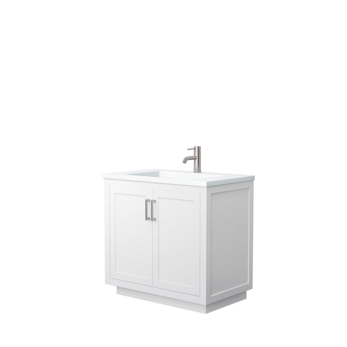 Wyndham Collection Vanity Wyndham Collection WCF292936SWHK1INTMXX Miranda 36 Inch Single Bathroom Vanity in White, 1.25 Inch Thick Matte White Solid Surface Countertop, Integrated Sink, Brushed Nickel Trim