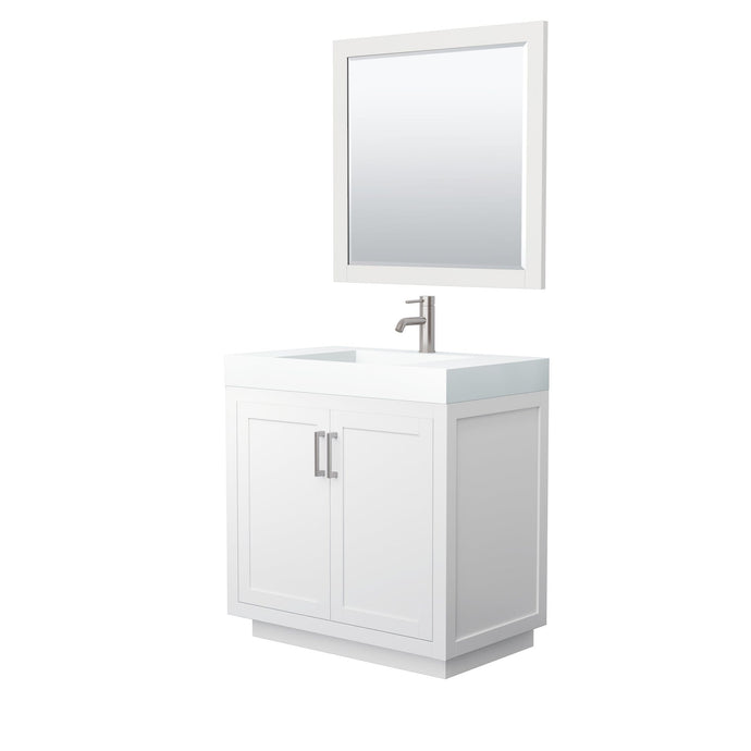 Wyndham Collection Vanity Wyndham Collection WCF292936SWHK4INTM34 Miranda 36 Inch Single Bathroom Vanity in White, 4 Inch Thick Matte White Solid Surface Countertop, Integrated Sink, Brushed Nickel Trim, 34 Inch Mirror
