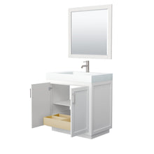 Load image into Gallery viewer, Wyndham Collection Vanity Wyndham Collection WCF292936SWHK4INTM34 Miranda 36 Inch Single Bathroom Vanity in White, 4 Inch Thick Matte White Solid Surface Countertop, Integrated Sink, Brushed Nickel Trim, 34 Inch Mirror