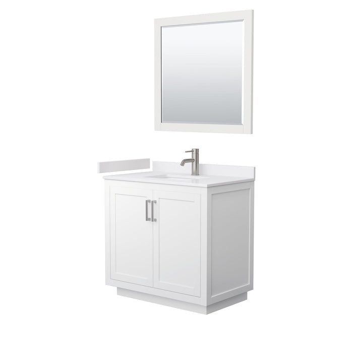 Wyndham Collection Vanity Wyndham Collection WCF292936SWHWCUNSM34 Miranda 36 Inch Single Bathroom Vanity in White, White Cultured Marble Countertop, Undermount Square Sink, Brushed Nickel Trim, 34 Inch Mirror
