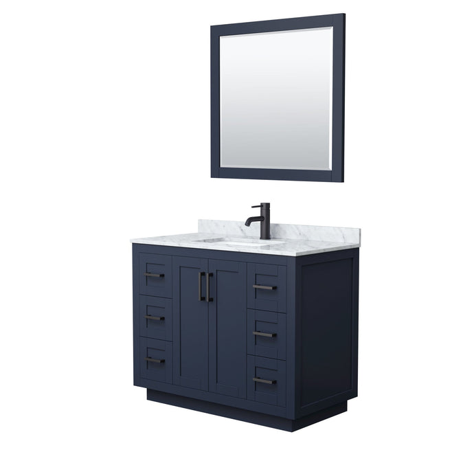 Wyndham Collection Vanity Wyndham Collection WCF292942SBBCMUNSM34 Miranda 42 Inch Single Bathroom Vanity in Dark Blue, White Carrara Marble Countertop, Undermount Square Sink, Matte Black Trim, 34 Inch Mirror
