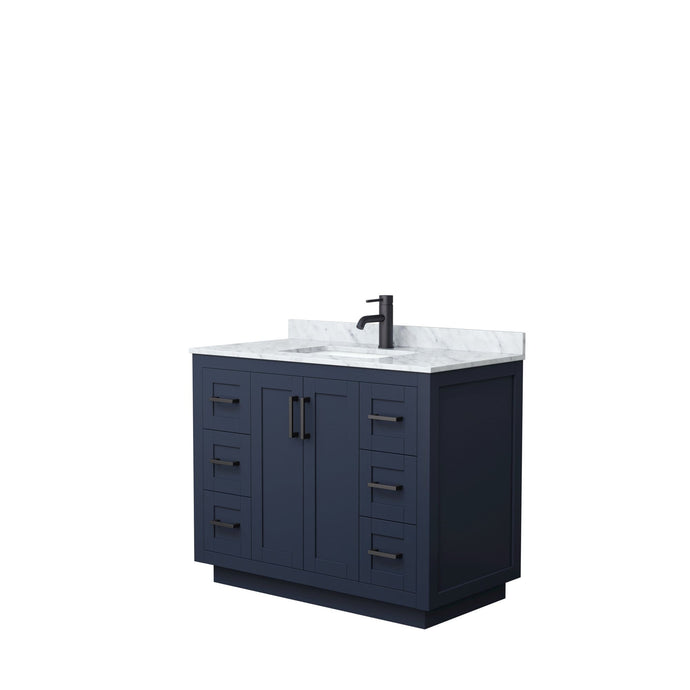 Wyndham Collection Vanity Wyndham Collection WCF292942SBBCMUNSMXX Miranda 42 Inch Single Bathroom Vanity in Dark Blue, White Carrara Marble Countertop, Undermount Square Sink, Matte Black Trim