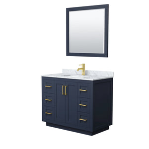 Wyndham Collection Vanity Wyndham Collection WCF292942SBLCMUNSM34 Miranda 42 Inch Single Bathroom Vanity in Dark Blue, White Carrara Marble Countertop, Undermount Square Sink, Brushed Gold Trim, 34 Inch Mirror