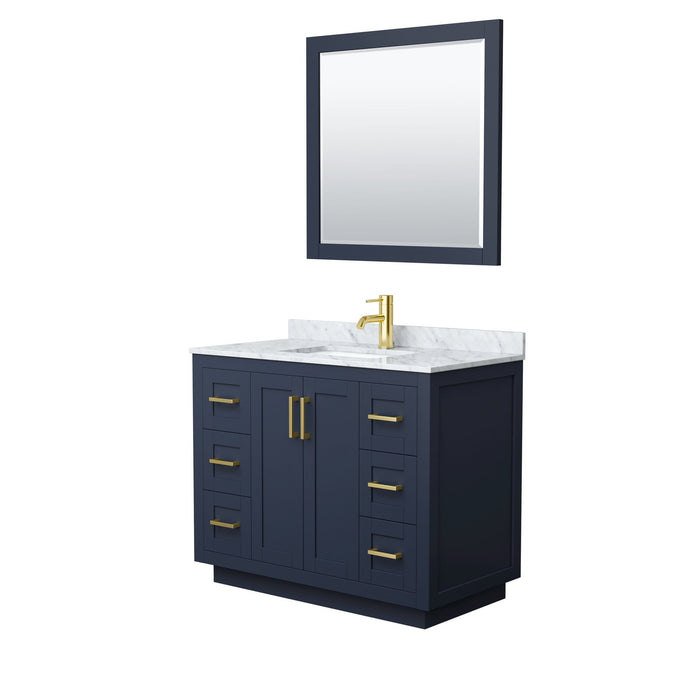 Wyndham Collection Vanity Wyndham Collection WCF292942SBLCMUNSM34 Miranda 42 Inch Single Bathroom Vanity in Dark Blue, White Carrara Marble Countertop, Undermount Square Sink, Brushed Gold Trim, 34 Inch Mirror