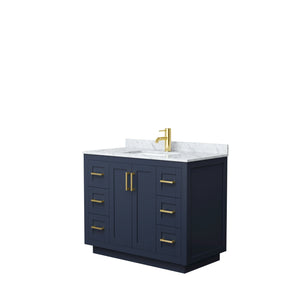 Wyndham Collection Vanity Wyndham Collection WCF292942SBLCMUNSMXX Miranda 42 Inch Single Bathroom Vanity in Dark Blue, White Carrara Marble Countertop, Undermount Square Sink, Brushed Gold Trim
