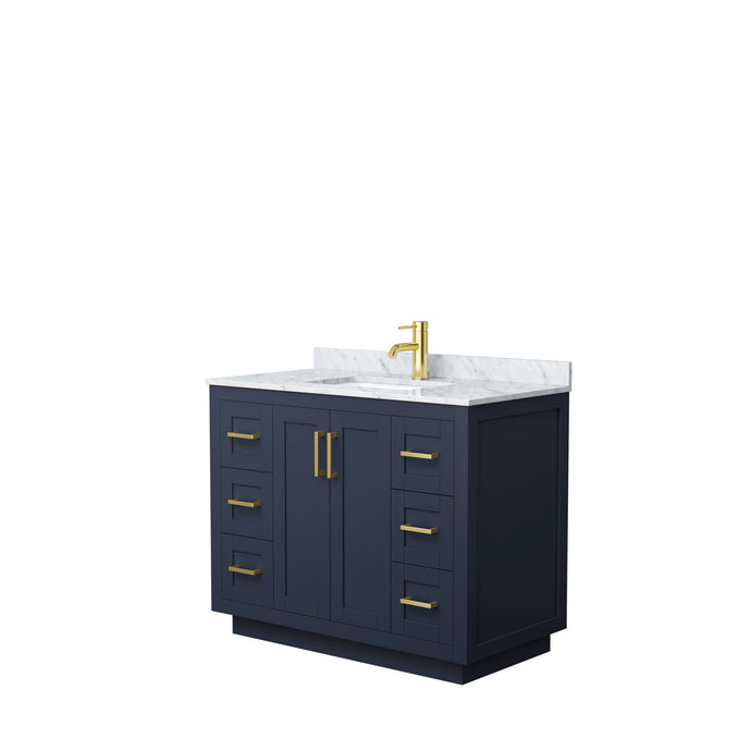 Wyndham Collection Vanity Wyndham Collection WCF292942SBLCMUNSMXX Miranda 42 Inch Single Bathroom Vanity in Dark Blue, White Carrara Marble Countertop, Undermount Square Sink, Brushed Gold Trim