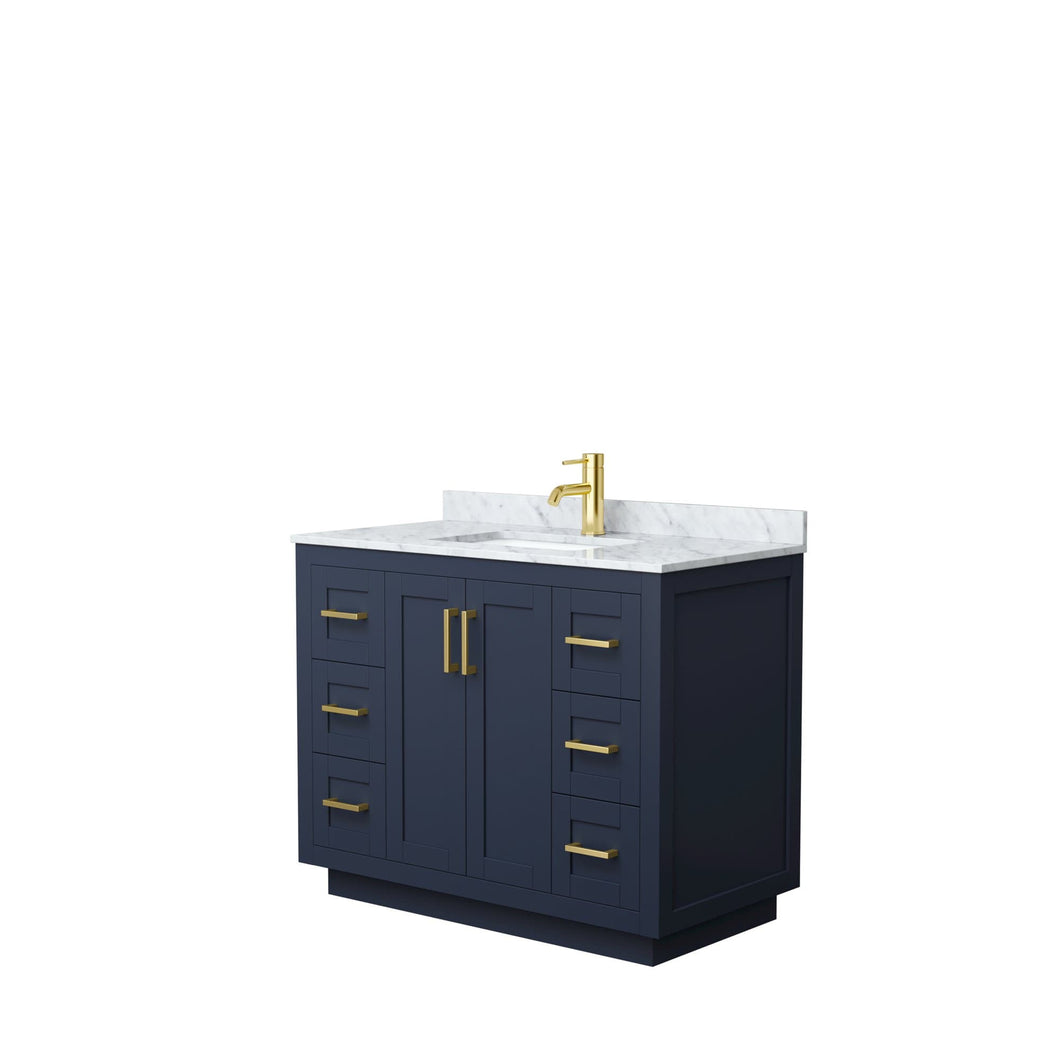 Wyndham Collection Vanity Wyndham Collection WCF292942SBLCMUNSMXX Miranda 42 Inch Single Bathroom Vanity in Dark Blue, White Carrara Marble Countertop, Undermount Square Sink, Brushed Gold Trim