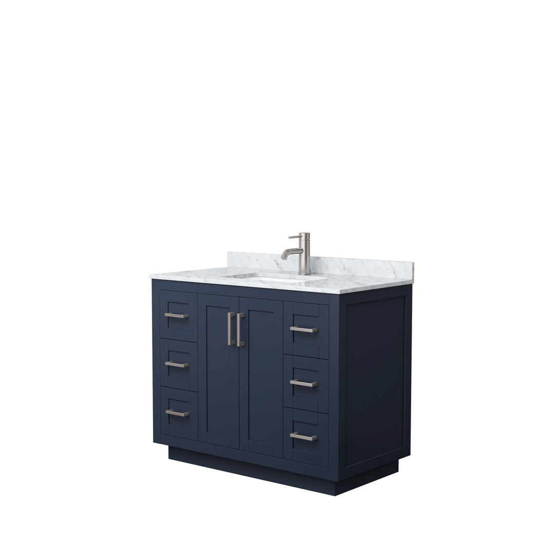 Wyndham Collection Vanity Wyndham Collection WCF292942SBNCMUNSMXX Miranda 42 Inch Single Bathroom Vanity in Dark Blue, White Carrara Marble Countertop, Undermount Square Sink, Brushed Nickel Trim