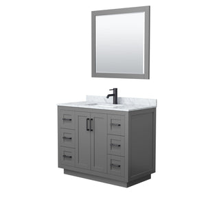 Wyndham Collection Vanity Wyndham Collection WCF292942SGBCMUNSM34 Miranda 42 Inch Single Bathroom Vanity in Dark Gray, White Carrara Marble Countertop, Undermount Square Sink, Matte Black Trim, 34 Inch Mirror