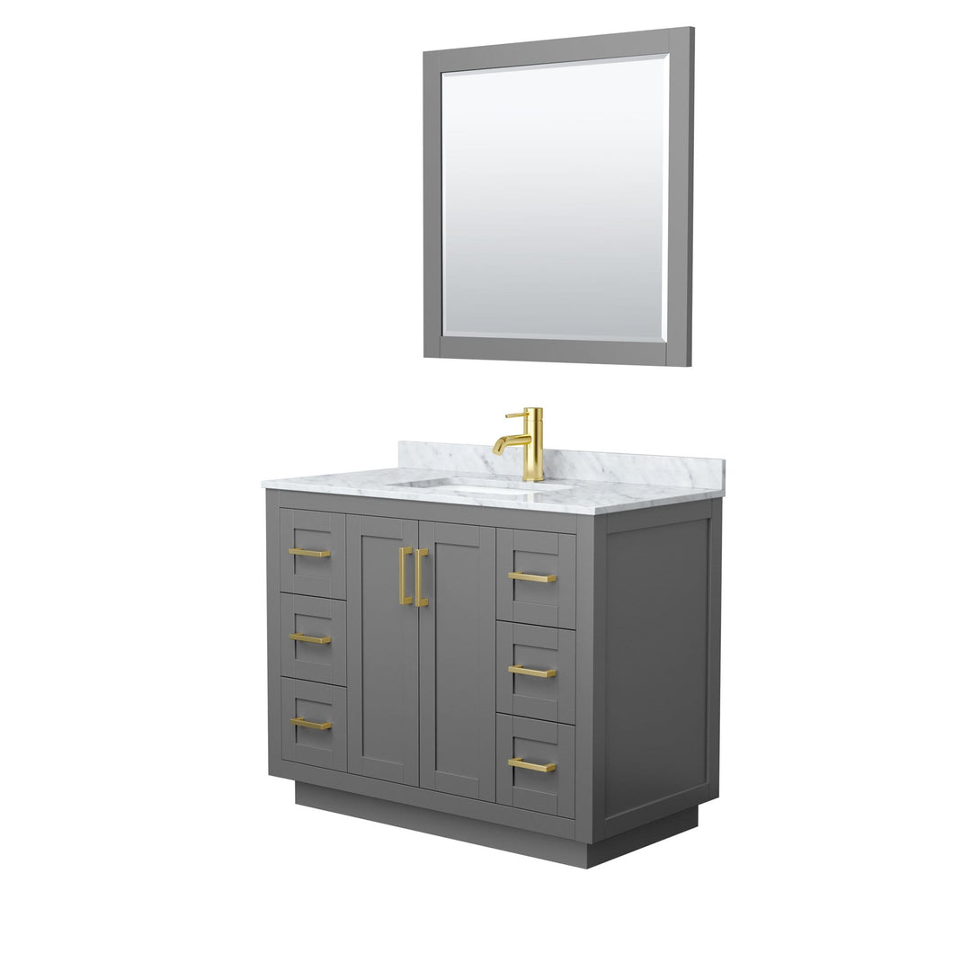 Wyndham Collection Vanity Wyndham Collection WCF292942SGGCMUNSM34 Miranda 42 Inch Single Bathroom Vanity in Dark Gray, White Carrara Marble Countertop, Undermount Square Sink, Brushed Gold Trim, 34 Inch Mirror