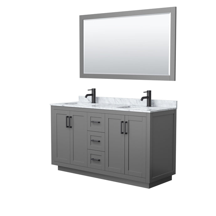 Wyndham Collection Vanity Wyndham Collection WCF292960DGBCMUNSM58 Miranda 60 Inch Double Bathroom Vanity in Dark Gray, White Carrara Marble Countertop, Undermount Square Sinks, Matte Black Trim, 58 Inch Mirror