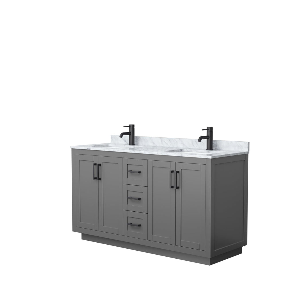 Wyndham Collection Vanity Wyndham Collection WCF292960DGBCMUNSMXX Miranda 60 Inch Double Bathroom Vanity in Dark Gray, White Carrara Marble Countertop, Undermount Square Sinks, Matte Black Trim