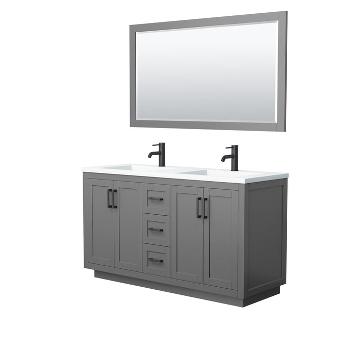 Wyndham Collection Vanity Wyndham Collection WCF292960DGBK1INTM58 Miranda 60 Inch Double Bathroom Vanity in Dark Gray, 1.25 Inch Thick Matte White Solid Surface Countertop, Integrated Sinks, Matte Black Trim, 58 Inch Mirror