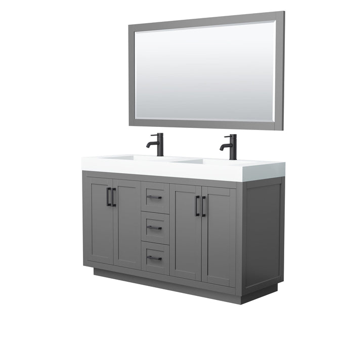 Wyndham Collection Vanity Wyndham Collection WCF292960DGBK4INTM58 Miranda 60 Inch Double Bathroom Vanity in Dark Gray, 4 Inch Thick Matte White Solid Surface Countertop, Integrated Sinks, Matte Black Trim, 58 Inch Mirror