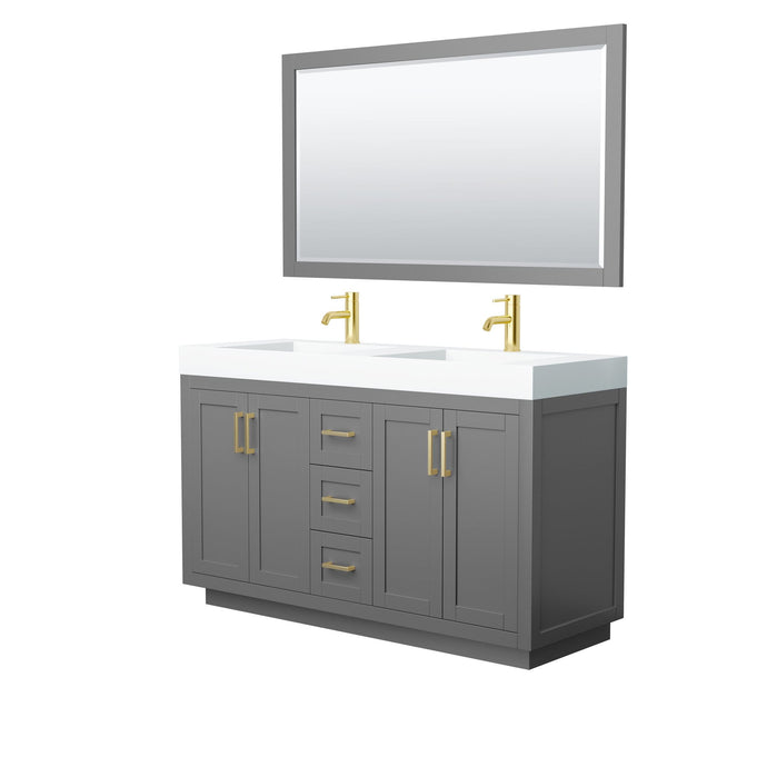 Wyndham Collection Vanity Wyndham Collection WCF292960DGGK4INTM58 Miranda 60 Inch Double Bathroom Vanity in Dark Gray, 4 Inch Thick Matte White Solid Surface Countertop, Integrated Sinks, Brushed Gold Trim, 58 Inch Mirror