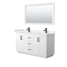 Load image into Gallery viewer, Wyndham Collection Vanity Wyndham Collection WCF292960DWBC2UNSM58 Miranda 60 Inch Double Bathroom Vanity in White, Light-Vein Carrara Cultured Marble Countertop, Undermount Square Sinks, Matte Black Trim, 58 Inch Mirror