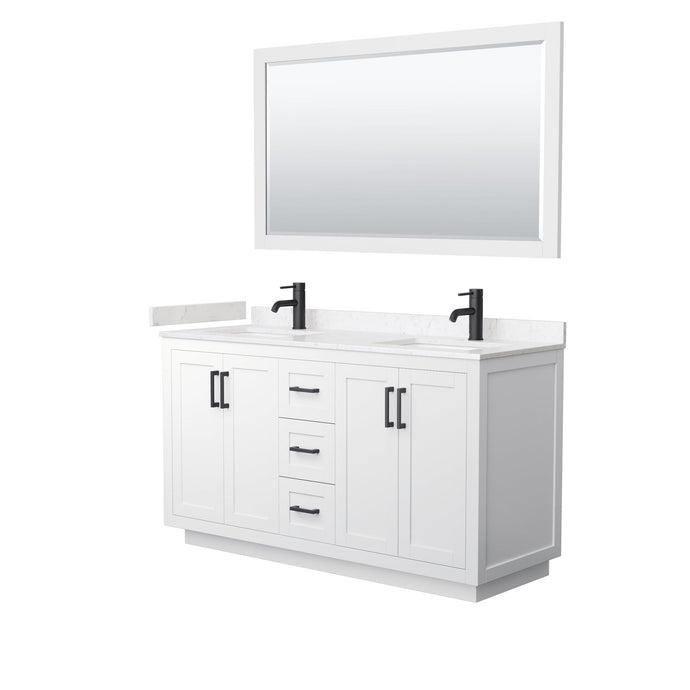 Wyndham Collection Vanity Wyndham Collection WCF292960DWBC2UNSM58 Miranda 60 Inch Double Bathroom Vanity in White, Light-Vein Carrara Cultured Marble Countertop, Undermount Square Sinks, Matte Black Trim, 58 Inch Mirror