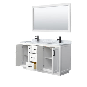 Wyndham Collection Vanity Wyndham Collection WCF292960DWBCMUNSM58 Miranda 60 Inch Double Bathroom Vanity in White, White Carrara Marble Countertop, Undermount Square Sinks, Matte Black Trim, 58 Inch Mirror