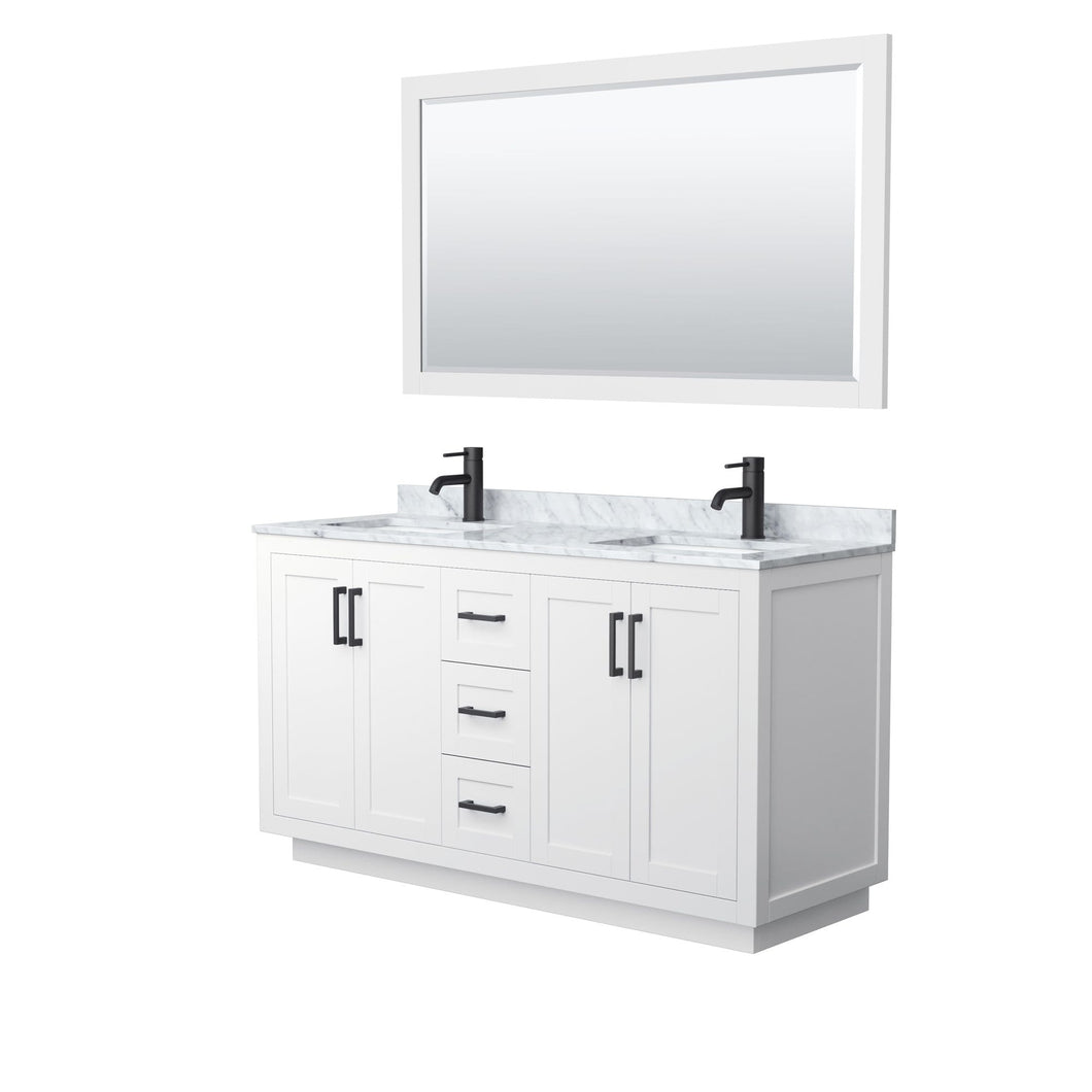 Wyndham Collection Vanity Wyndham Collection WCF292960DWBCMUNSM58 Miranda 60 Inch Double Bathroom Vanity in White, White Carrara Marble Countertop, Undermount Square Sinks, Matte Black Trim, 58 Inch Mirror