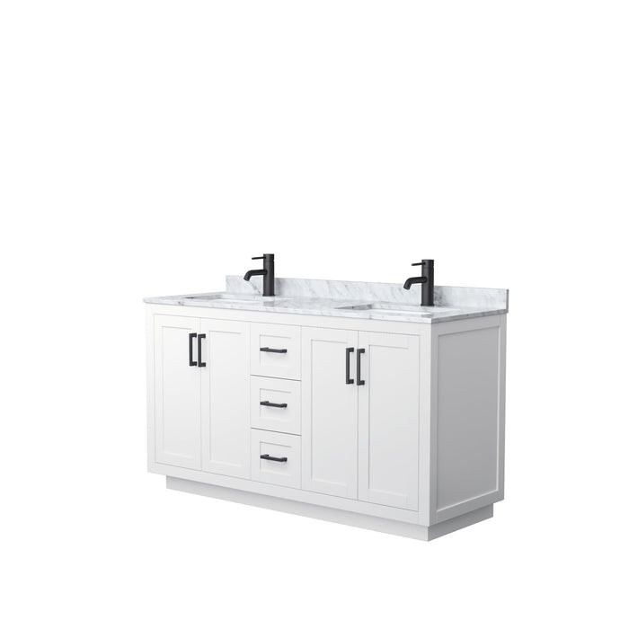 Wyndham Collection Vanity Wyndham Collection WCF292960DWBCMUNSMXX Miranda 60 Inch Double Bathroom Vanity in White, White Carrara Marble Countertop, Undermount Square Sinks, Matte Black Trim