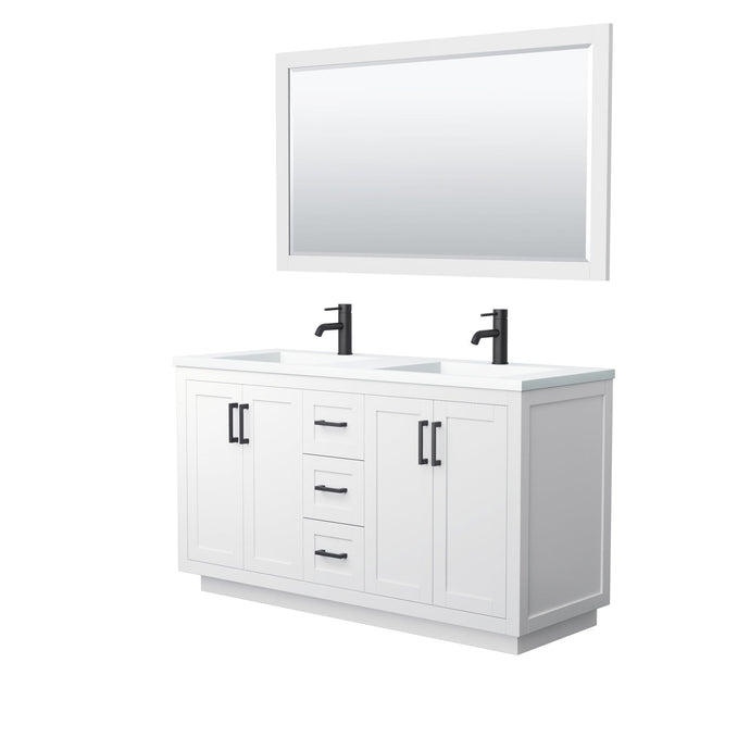 Wyndham Collection Vanity Wyndham Collection WCF292960DWBK1INTM58 Miranda 60 Inch Double Bathroom Vanity in White, 1.25 Inch Thick Matte White Solid Surface Countertop, Integrated Sinks, Matte Black Trim, 58 Inch Mirror