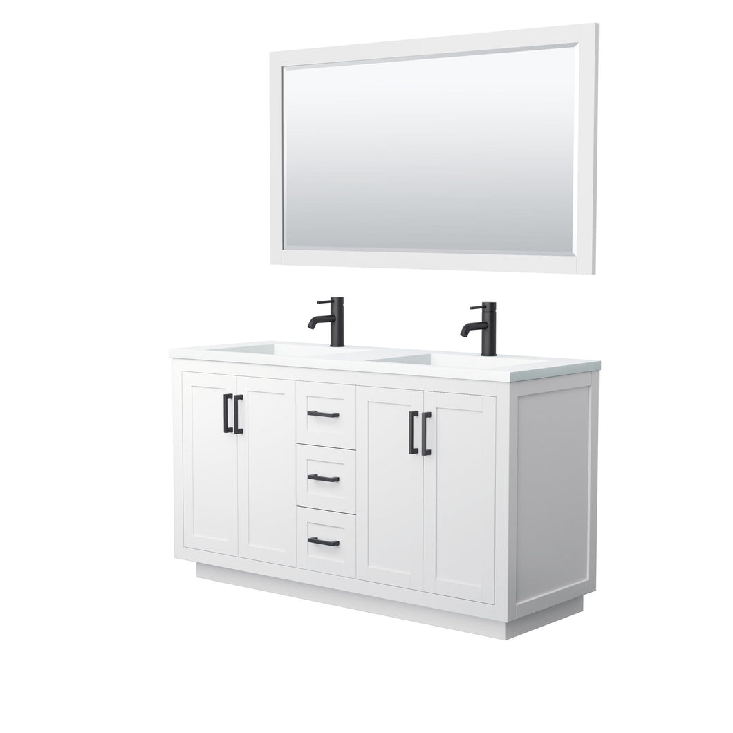 Wyndham Collection Vanity Wyndham Collection WCF292960DWBK1INTM58 Miranda 60 Inch Double Bathroom Vanity in White, 1.25 Inch Thick Matte White Solid Surface Countertop, Integrated Sinks, Matte Black Trim, 58 Inch Mirror