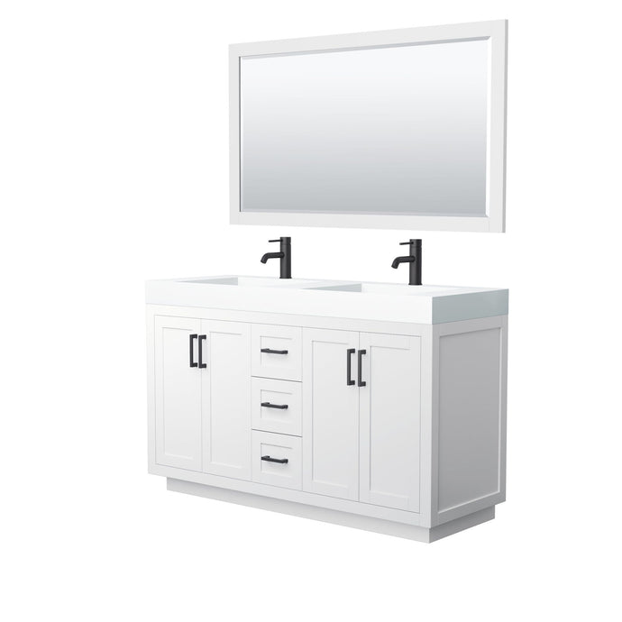 Wyndham Collection Vanity Wyndham Collection WCF292960DWBK4INTM58 Miranda 60 Inch Double Bathroom Vanity in White, 4 Inch Thick Matte White Solid Surface Countertop, Integrated Sinks, Matte Black Trim, 58 Inch Mirror