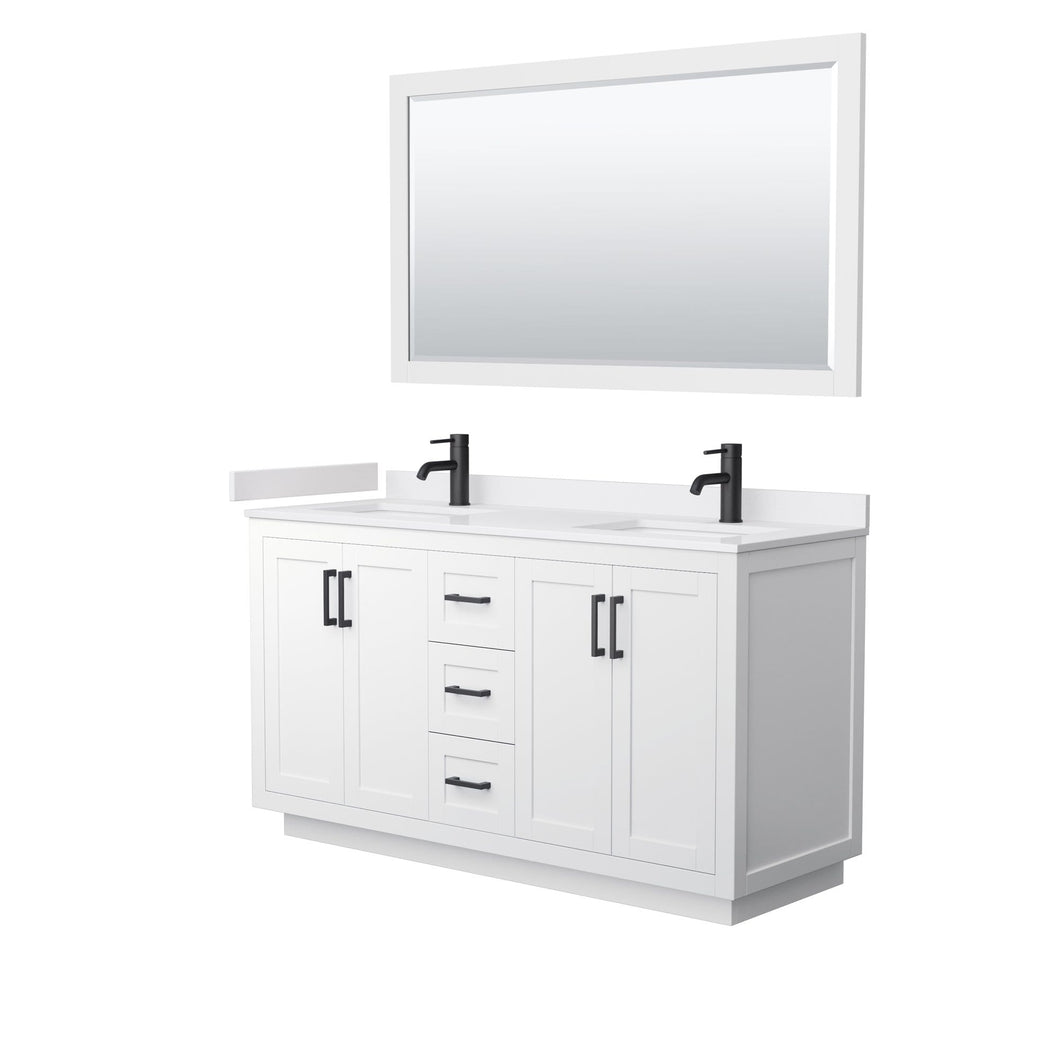 Wyndham Collection Vanity Wyndham Collection WCF292960DWBWCUNSM58 Miranda 60 Inch Double Bathroom Vanity in White, White Cultured Marble Countertop, Undermount Square Sinks, Matte Black Trim, 58 Inch Mirror
