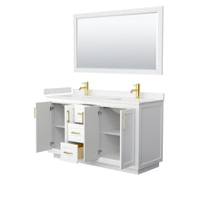 Load image into Gallery viewer, Wyndham Collection Vanity Wyndham Collection WCF292960DWGC2UNSM58 Miranda 60 Inch Double Bathroom Vanity in White, Light-Vein Carrara Cultured Marble Countertop, Undermount Square Sinks, Brushed Gold Trim, 58 Inch Mirror