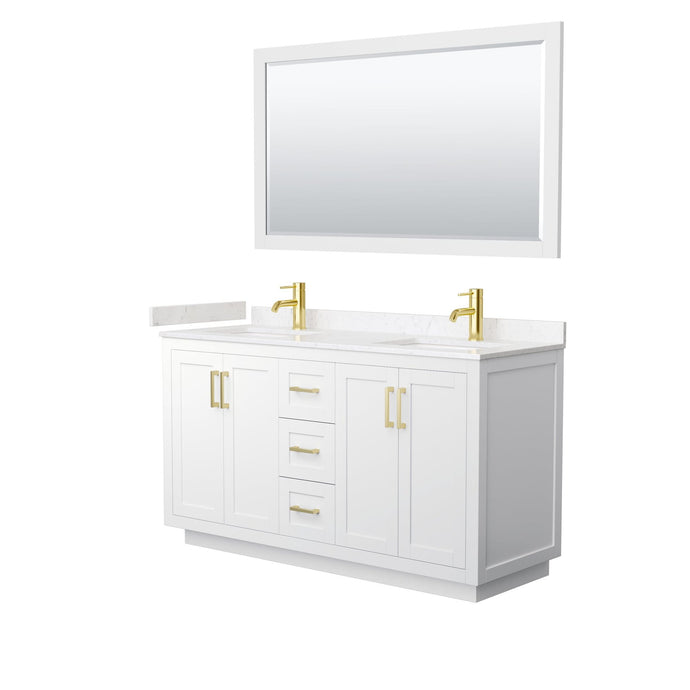 Wyndham Collection Vanity Wyndham Collection WCF292960DWGC2UNSM58 Miranda 60 Inch Double Bathroom Vanity in White, Light-Vein Carrara Cultured Marble Countertop, Undermount Square Sinks, Brushed Gold Trim, 58 Inch Mirror