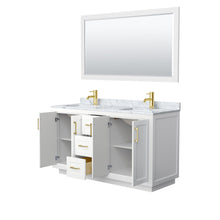 Load image into Gallery viewer, Wyndham Collection Vanity Wyndham Collection WCF292960DWGCMUNSM58 Miranda 60 Inch Double Bathroom Vanity in White, White Carrara Marble Countertop, Undermount Square Sinks, Brushed Gold Trim, 58 Inch Mirror