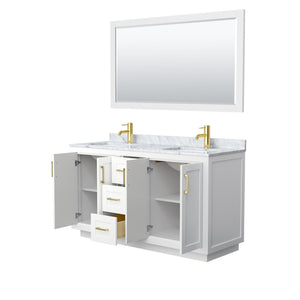 Wyndham Collection Vanity Wyndham Collection WCF292960DWGCMUNSM58 Miranda 60 Inch Double Bathroom Vanity in White, White Carrara Marble Countertop, Undermount Square Sinks, Brushed Gold Trim, 58 Inch Mirror