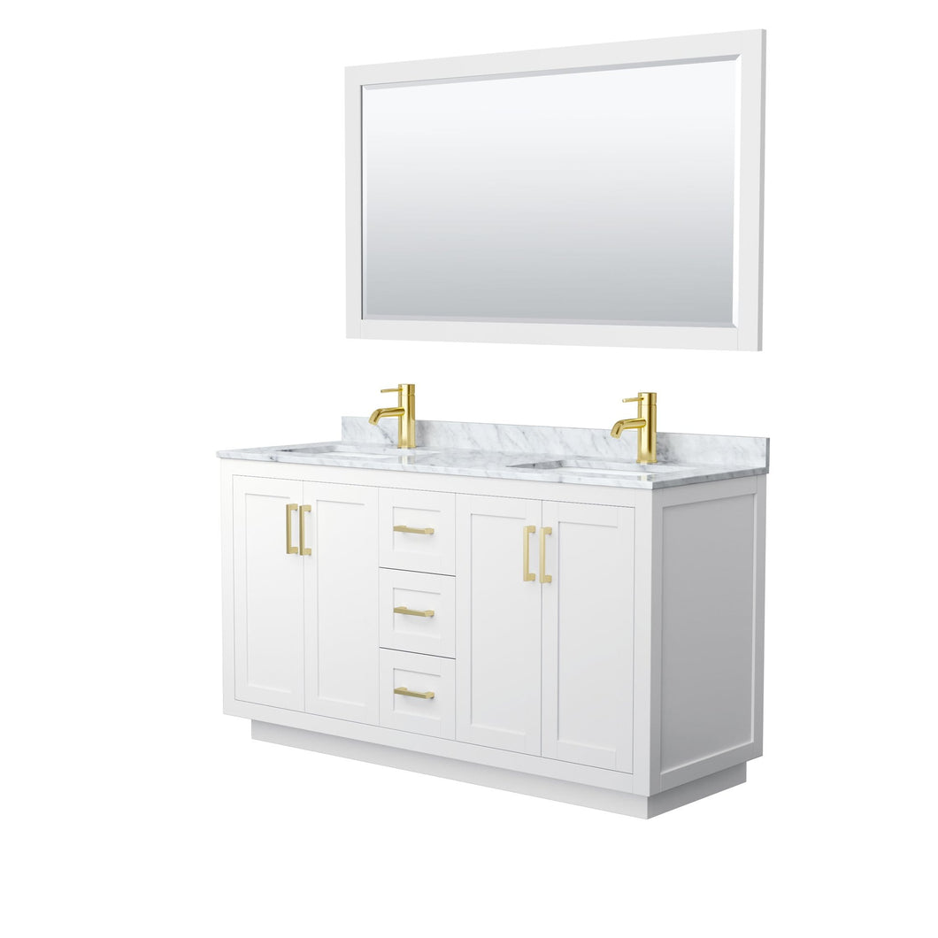 Wyndham Collection Vanity Wyndham Collection WCF292960DWGCMUNSM58 Miranda 60 Inch Double Bathroom Vanity in White, White Carrara Marble Countertop, Undermount Square Sinks, Brushed Gold Trim, 58 Inch Mirror